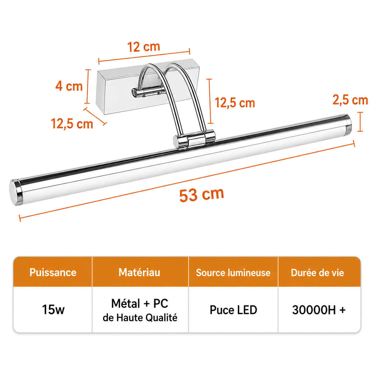Applique Miroir LED 3 Couleurs Dimmable – Salle de Bain & Coiffeuse 50cm, 15W