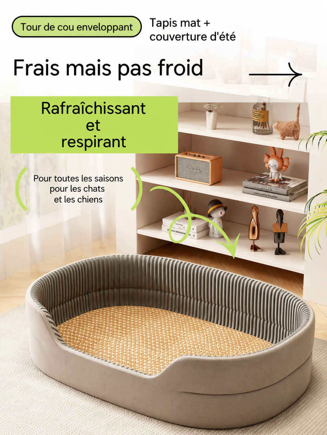Lit Rafraîchissant 4 Saisons pour Chien et Chat avec Tapis Fraîcheur et Rebords Confortables