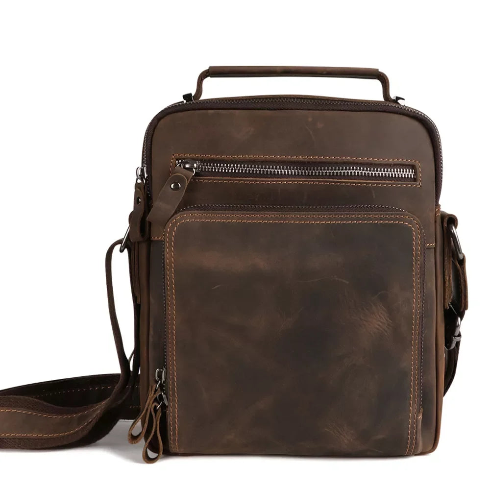 Sacoche Cuir Homme Vintage Marron Foncé Poignée Bandoulière