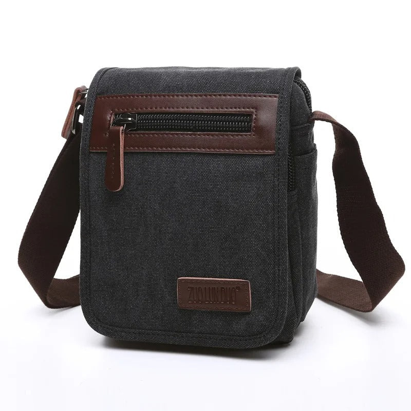 Sacoche Homme en Toile avec Rabat Noir, Sac Bandoulière Cuir