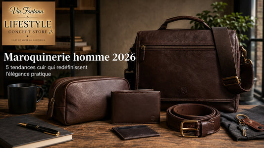 Portefeuille, porte-cartes et pochette en cuir pour homme illustrant le choix et l’entretien de la maroquinerie