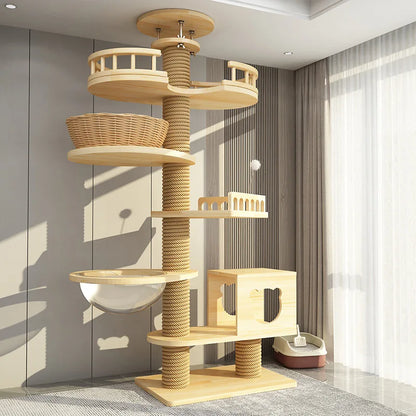 Arbre à chat haut en bois massif avec vasques miroir et niche à lattes