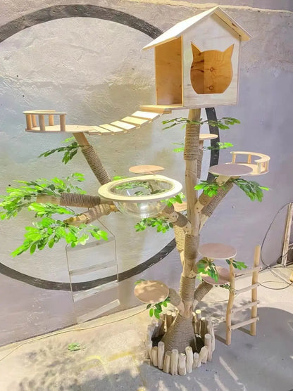 Arbre à Chat en Bois Naturel - Aire de Jeux, Escalade et Repos pour Chats