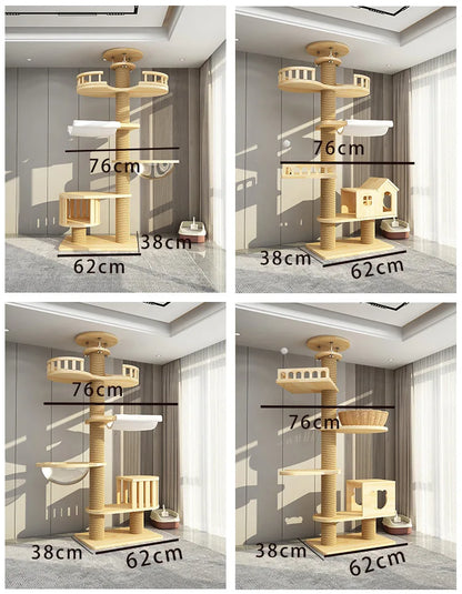 Arbre à chat haut en bois massif avec vasques miroir et niche à lattes