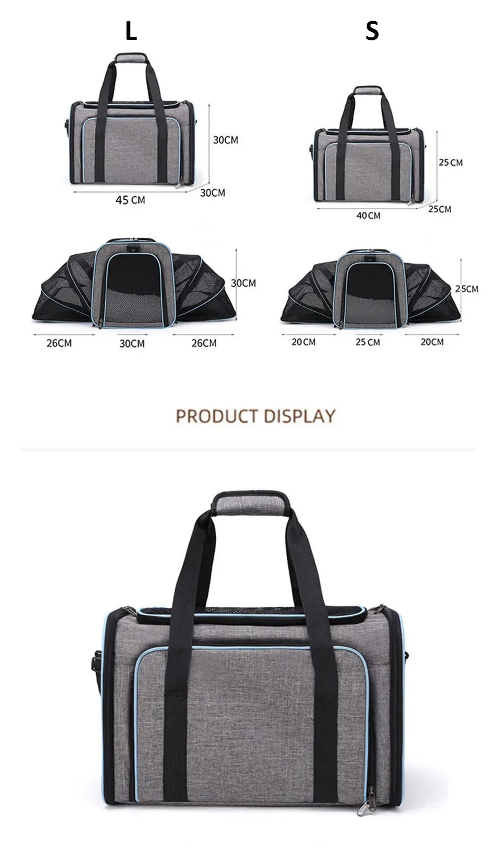 Sac de transport extensible pour chat avec panneaux en filet zippés