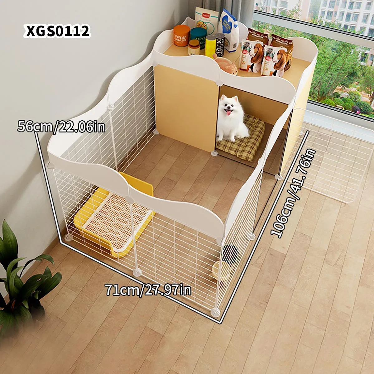 Enclos intérieur modulable pour chien, étagère et bac amovible