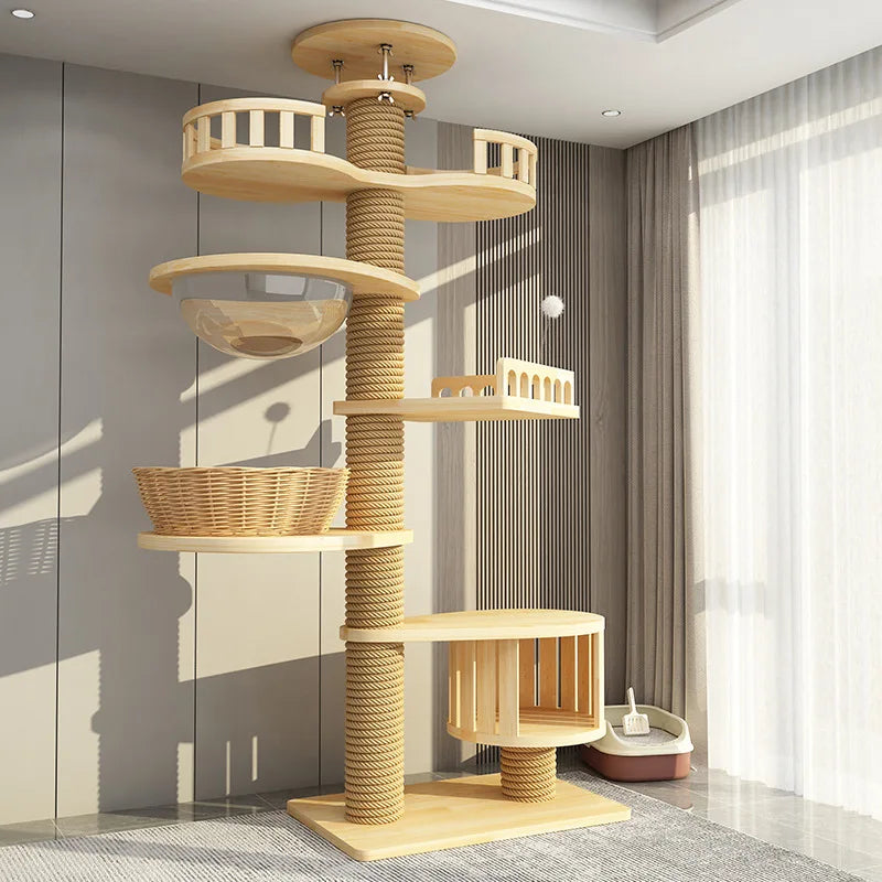 Arbre à chat haut en bois massif avec vasques miroir et niche à lattes