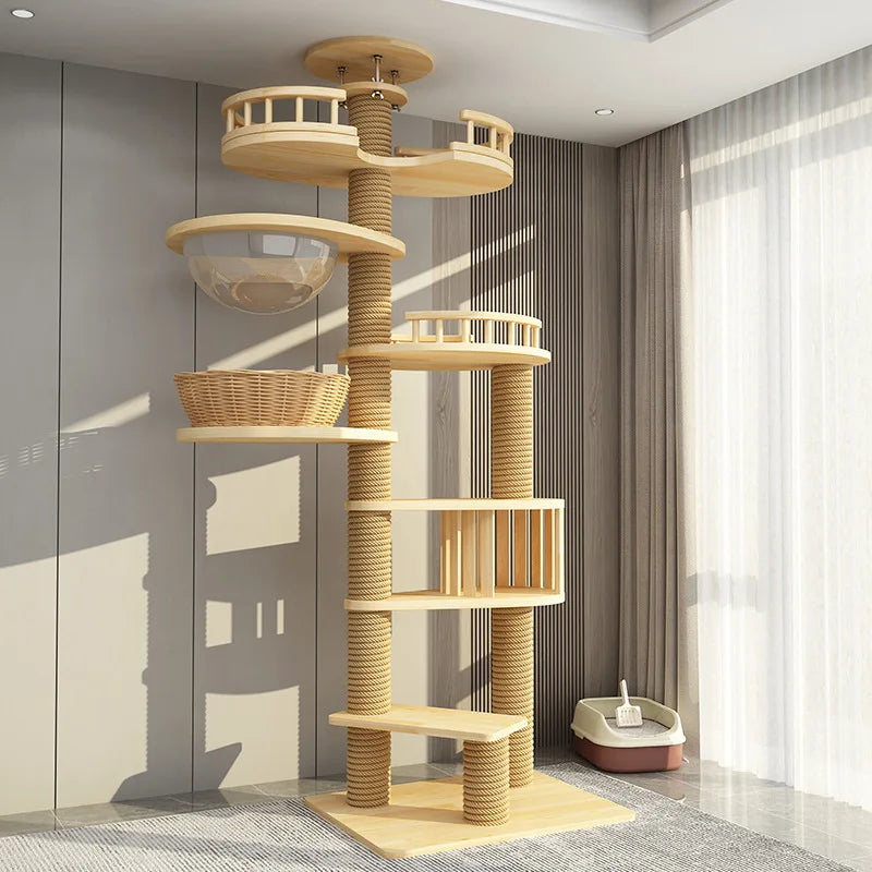 Arbre à chat haut en bois massif avec vasques miroir et niche à lattes