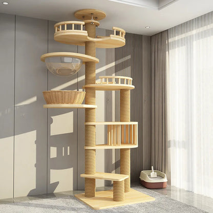 Arbre à chat haut en bois massif avec vasques miroir et niche à lattes