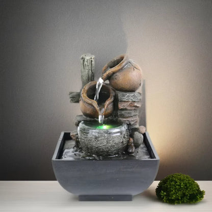 Fontaine Feng Shui Résine – 3 Niveaux Cascade, LED & Pompe Silencieuse