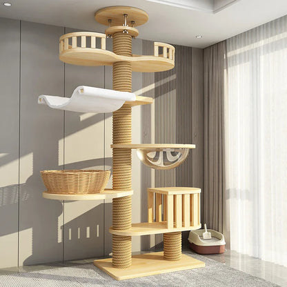 Arbre à chat haut en bois massif avec vasques miroir et niche à lattes