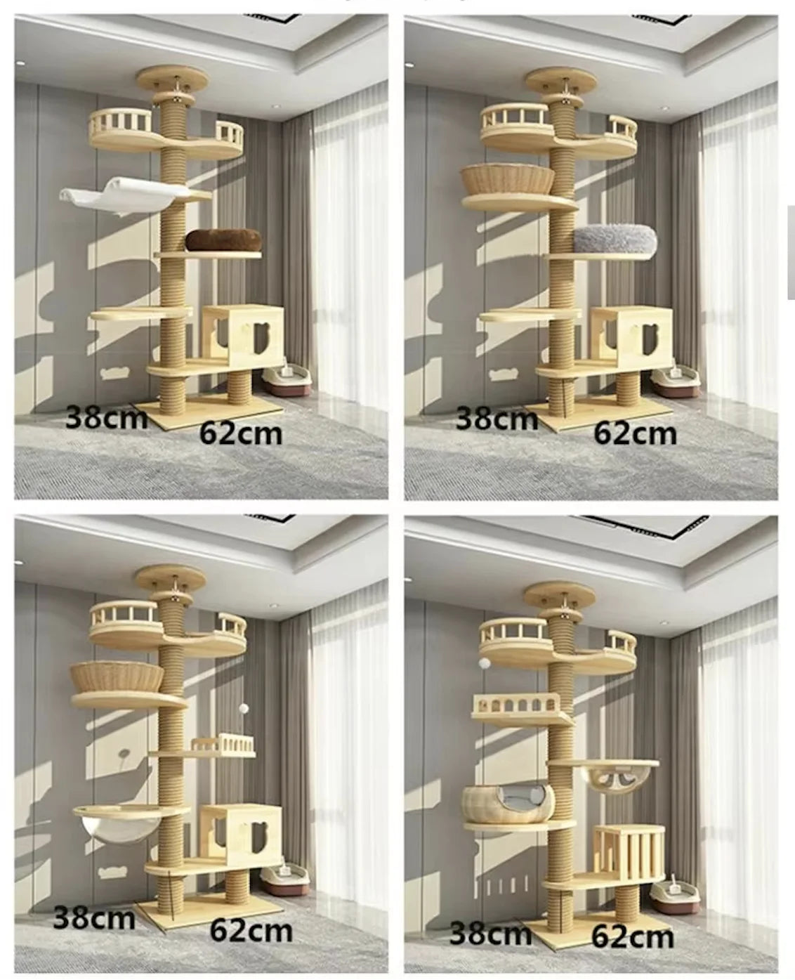 Arbre à chat haut en bois massif avec vasques miroir et niche à lattes
