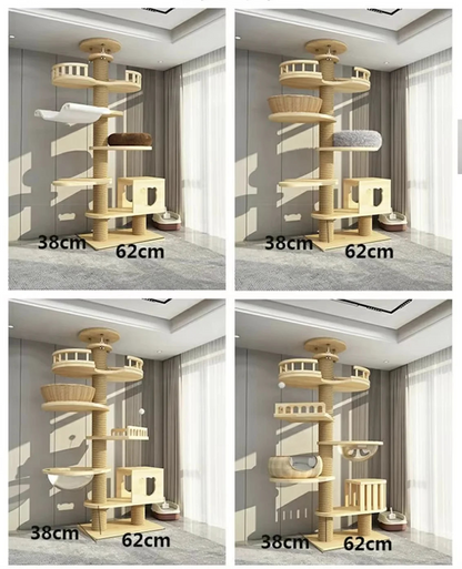 Arbre à chat haut en bois massif avec vasques miroir et niche à lattes