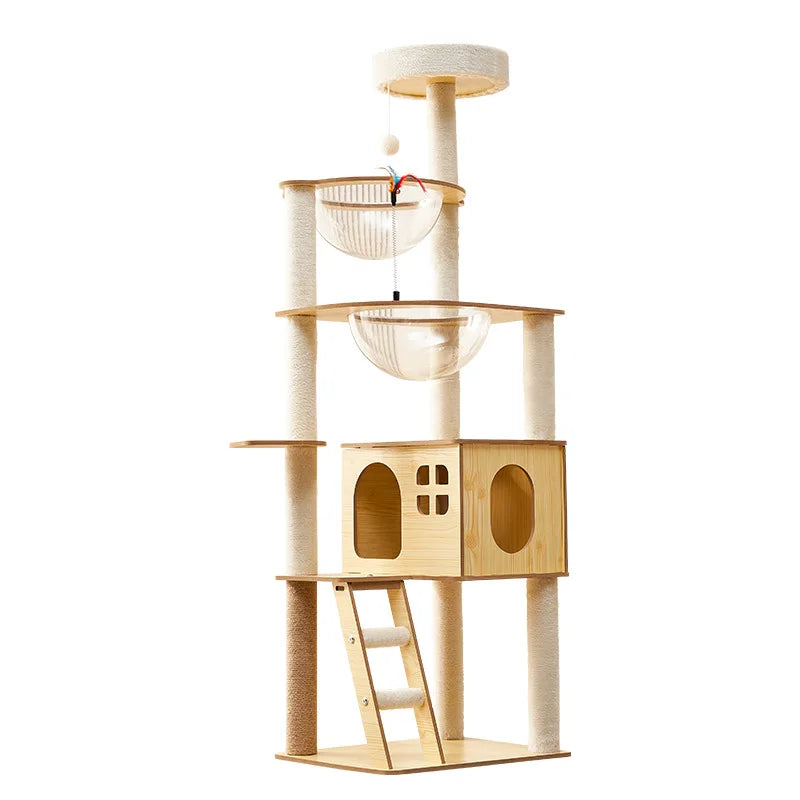 Arbre à chat en bois avec capsules transparentes et maisonnette cubique