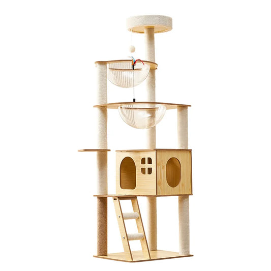 Arbre à chat en bois avec capsules transparentes et maisonnette cubique