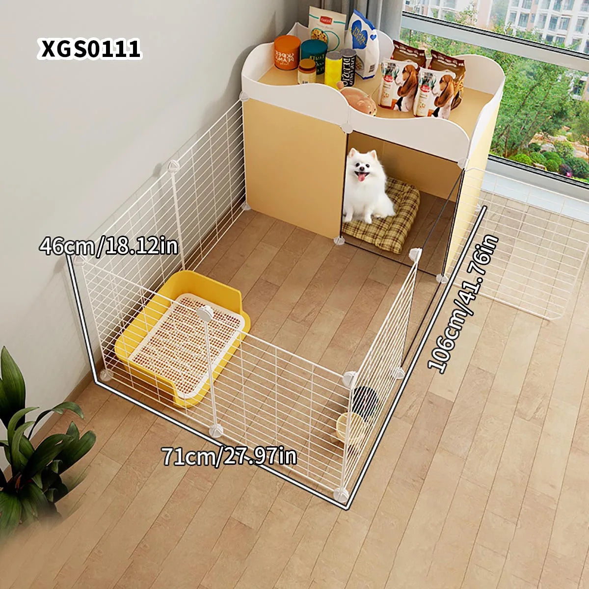 Enclos intérieur modulable pour chien, étagère et bac amovible