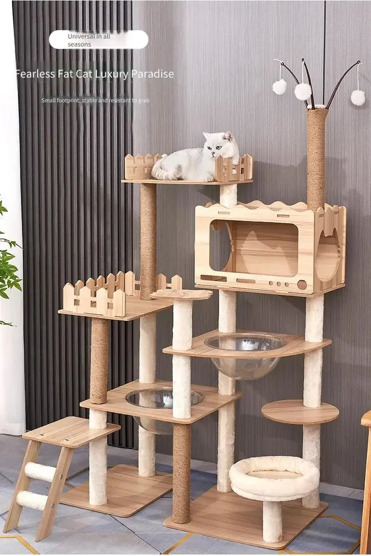 Tour à chat en bois multi-niveaux avec vasques et maisonnette à lattes