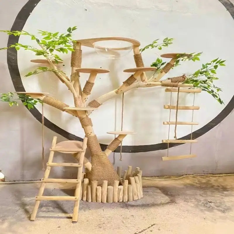 Arbre à Chat en Bois Naturel - Aire de Jeux, Escalade et Repos pour Chats