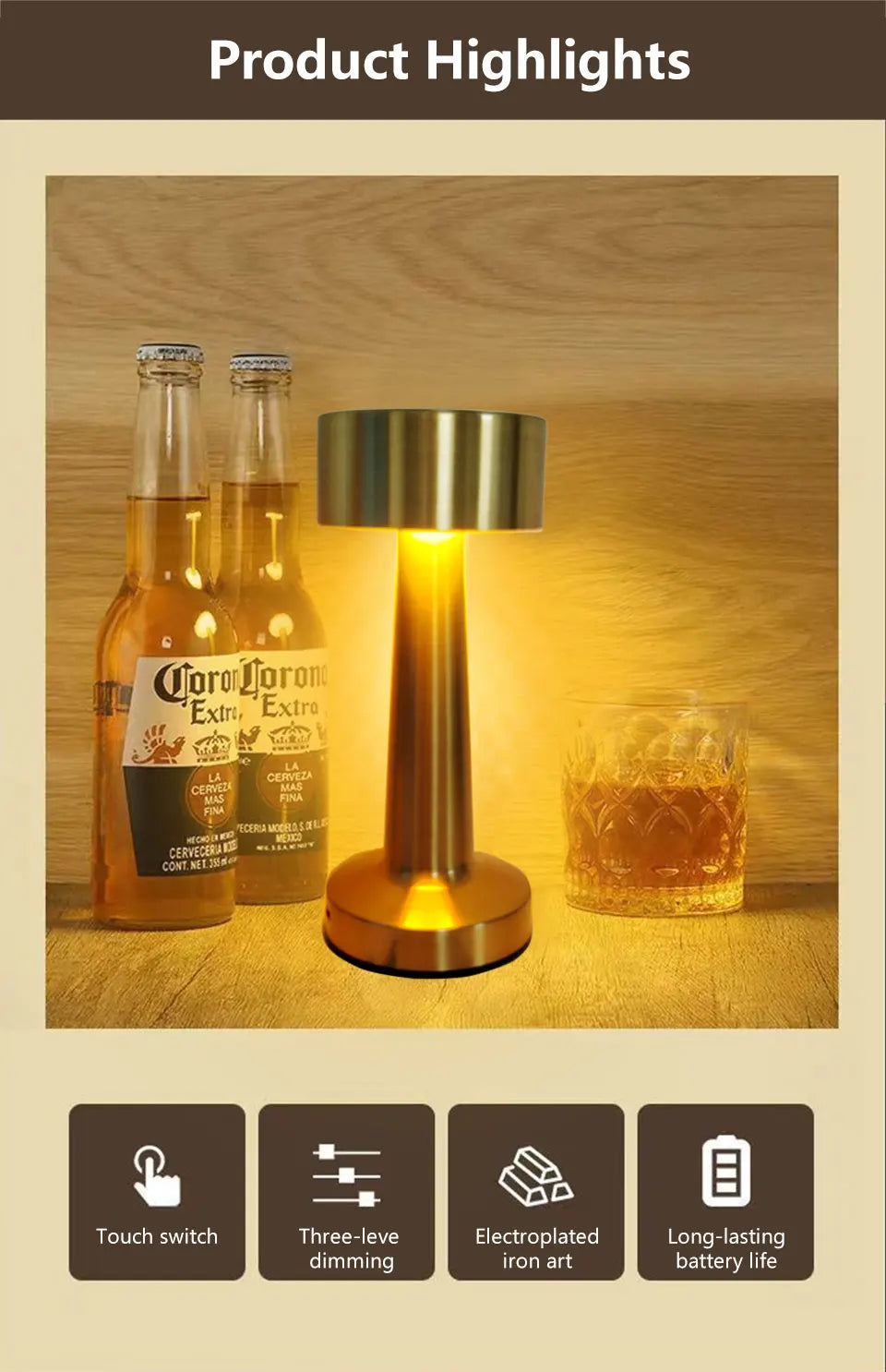 Lampe de Table LED Rétro Rechargeable – 3 Intensités & Tactile