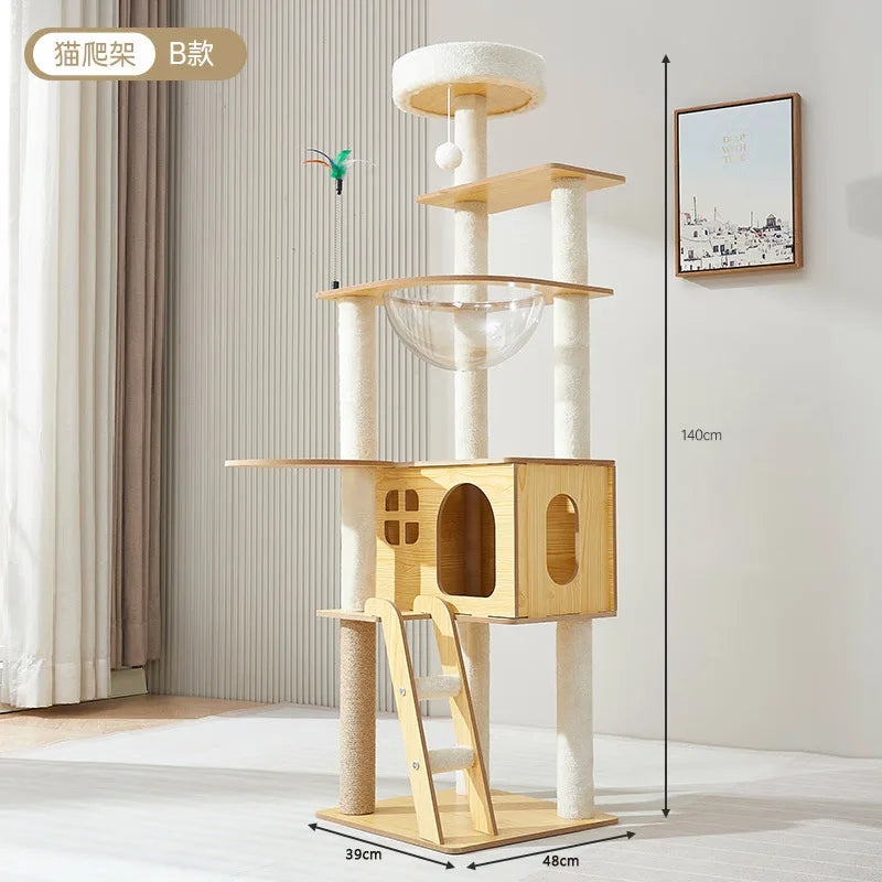 Arbre à chat en bois avec capsules transparentes et maisonnette cubique