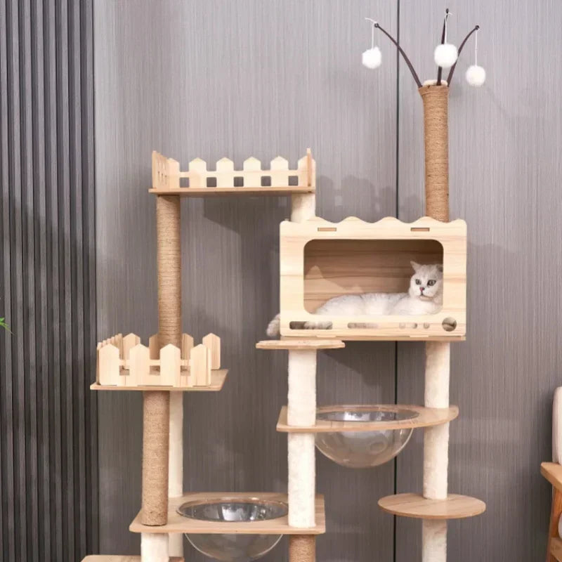 Tour à chat en bois multi-niveaux avec vasques et maisonnette à lattes
