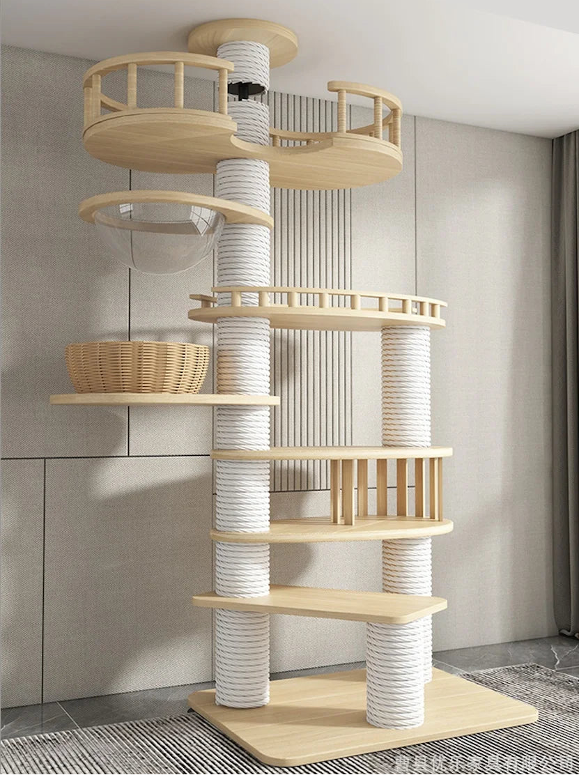 Arbre à chat haut en bois massif avec vasques miroir et niche à lattes