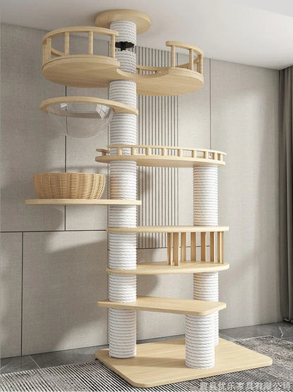 Arbre à chat haut en bois massif avec vasques miroir et niche à lattes