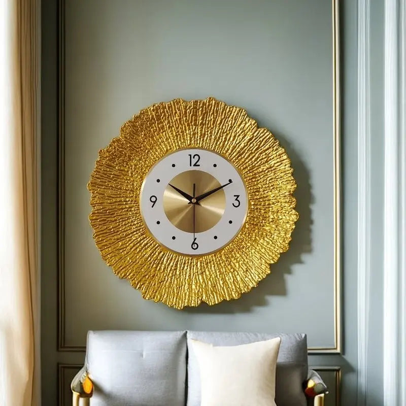 Horloge Murale Luxe Métal Ronde – Design Doré Motif Bois 30,5cm