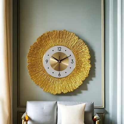 Horloge Murale Luxe Métal Ronde – Design Doré Motif Bois 30,5cm