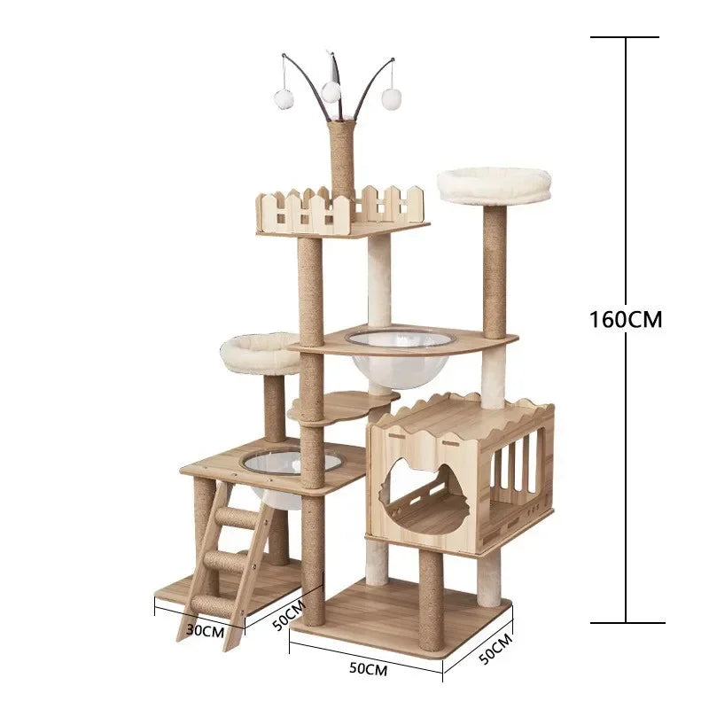 Tour à chat en bois multi-niveaux avec vasques et maisonnette à lattes