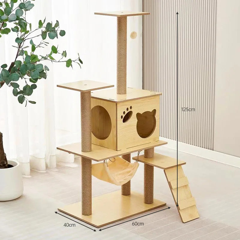 Arbre à chat en bois avec capsules transparentes et maisonnette cubique