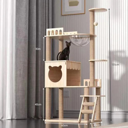 Arbre à chat en bois avec capsules transparentes et maisonnette cubique
