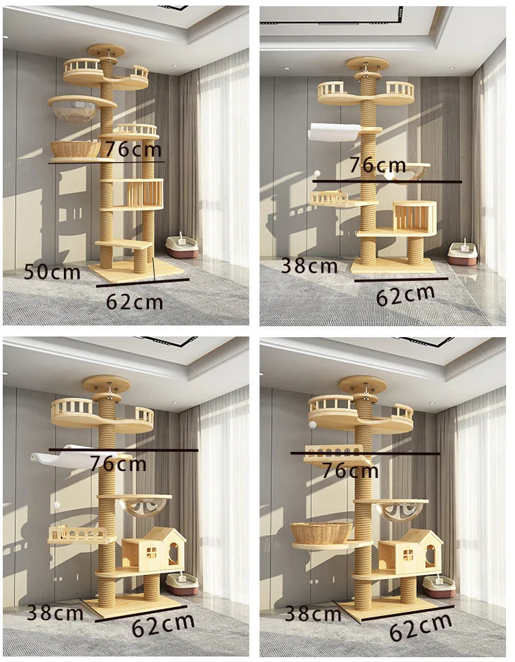 Arbre à chat haut en bois massif avec vasques miroir et niche à lattes