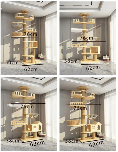 Arbre à chat haut en bois massif avec vasques miroir et niche à lattes
