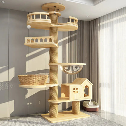 Arbre à chat haut en bois massif avec vasques miroir et niche à lattes