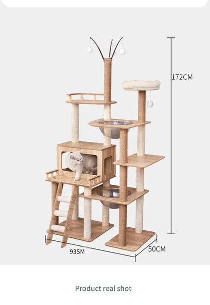 Tour à chat en bois multi-niveaux avec vasques et maisonnette à lattes