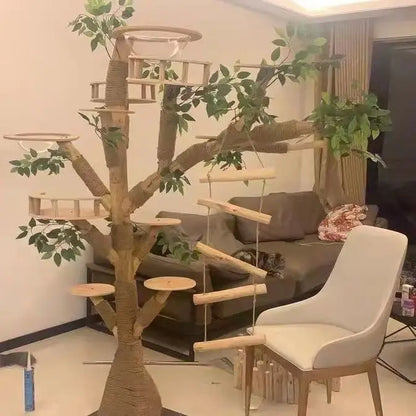 Arbre à Chat en Bois Naturel - Aire de Jeux, Escalade et Repos pour Chats