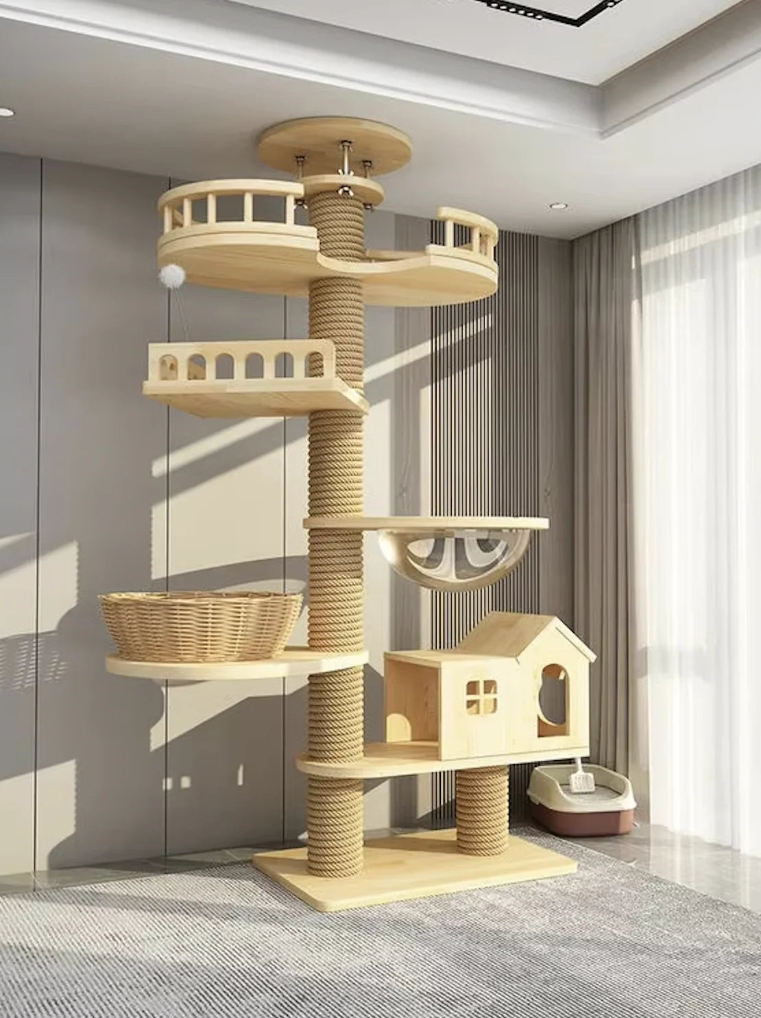 Arbre à chat haut en bois massif avec vasques miroir et niche à lattes