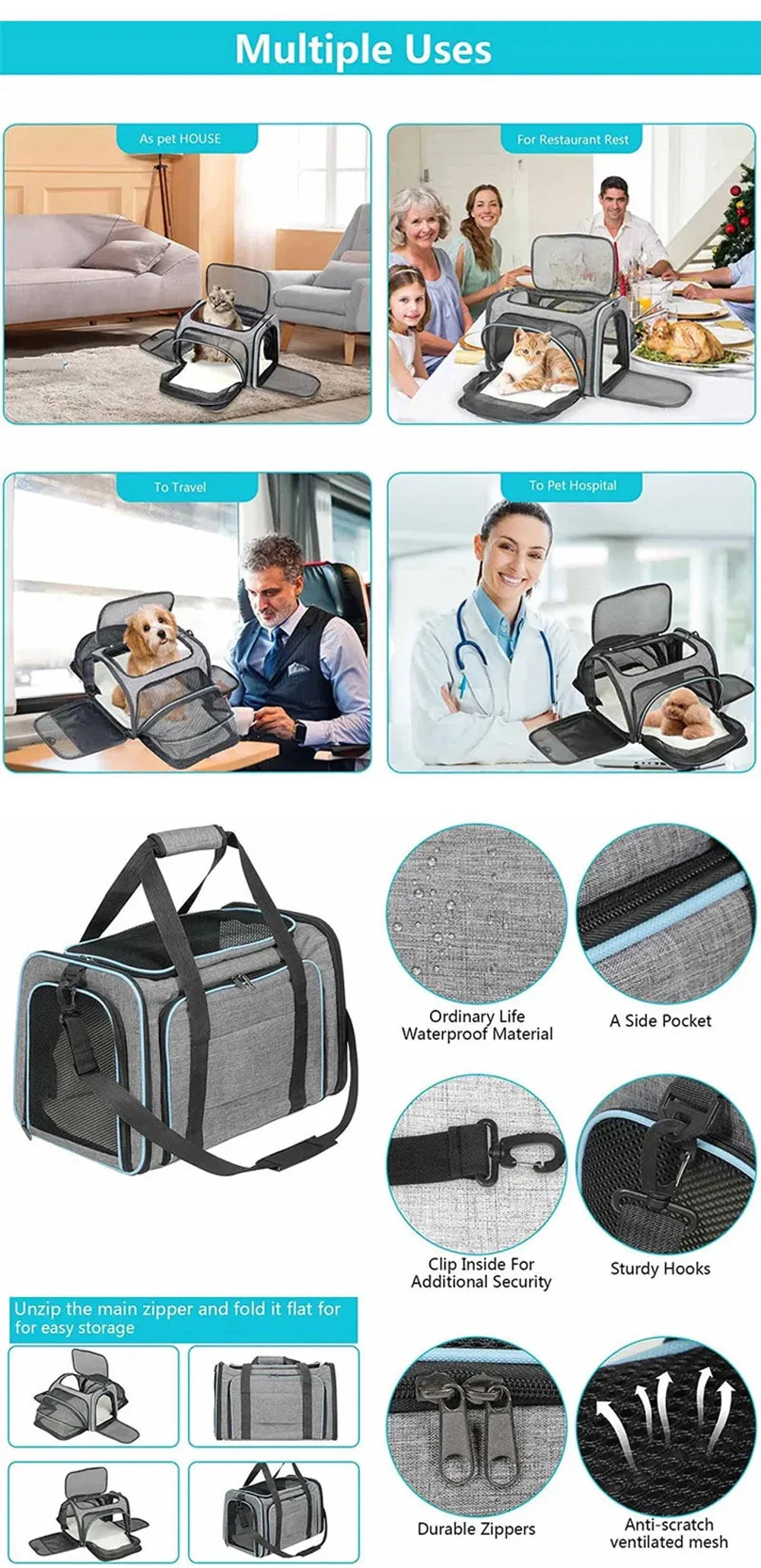 Sac de transport extensible pour chat avec panneaux en filet zippés