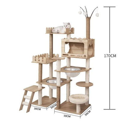 Tour à chat en bois multi-niveaux avec vasques et maisonnette à lattes