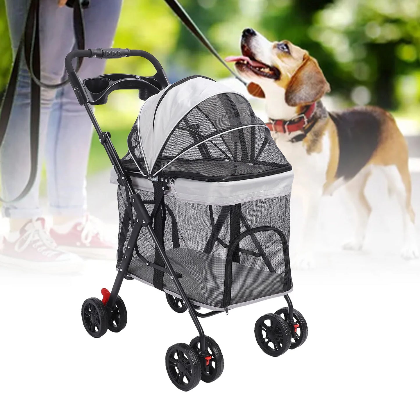 Poussette pour Chien et Chat – Pliage 1 Clic, 4 Roues, Pare-Soleil & Porte-Gobelet