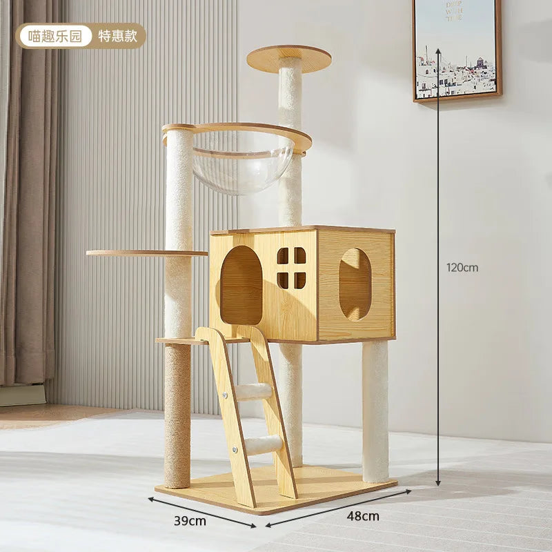 Arbre à chat en bois avec capsules transparentes et maisonnette cubique