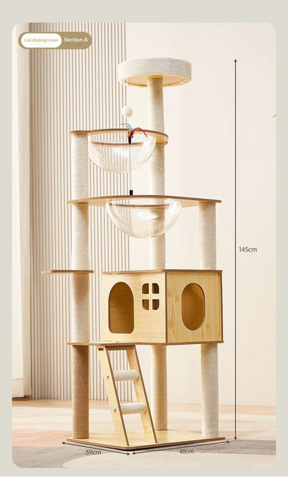 Arbre à chat en bois avec capsules transparentes et maisonnette cubique