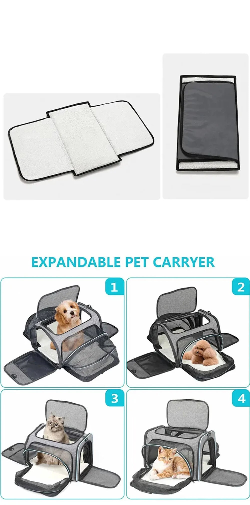 Sac de transport extensible pour chat avec panneaux en filet zippés