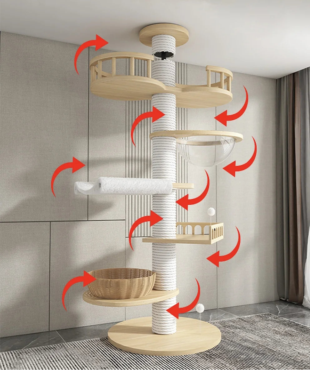 Arbre à chat haut en bois massif avec vasques miroir et niche à lattes