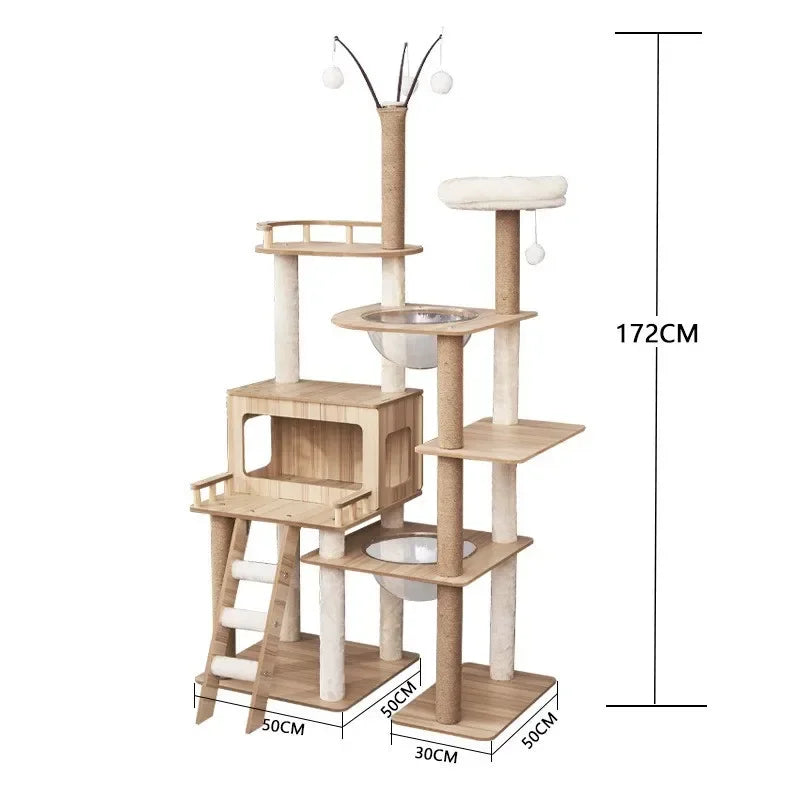 Tour à chat en bois multi-niveaux avec vasques et maisonnette à lattes