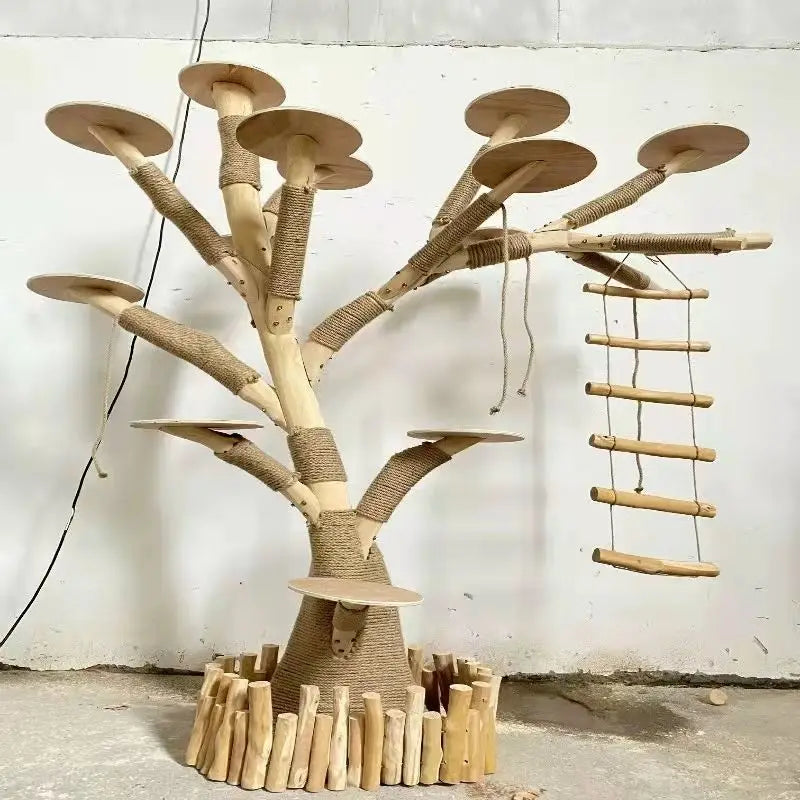 Arbre à Chat en Bois Naturel - Aire de Jeux, Escalade et Repos pour Chats