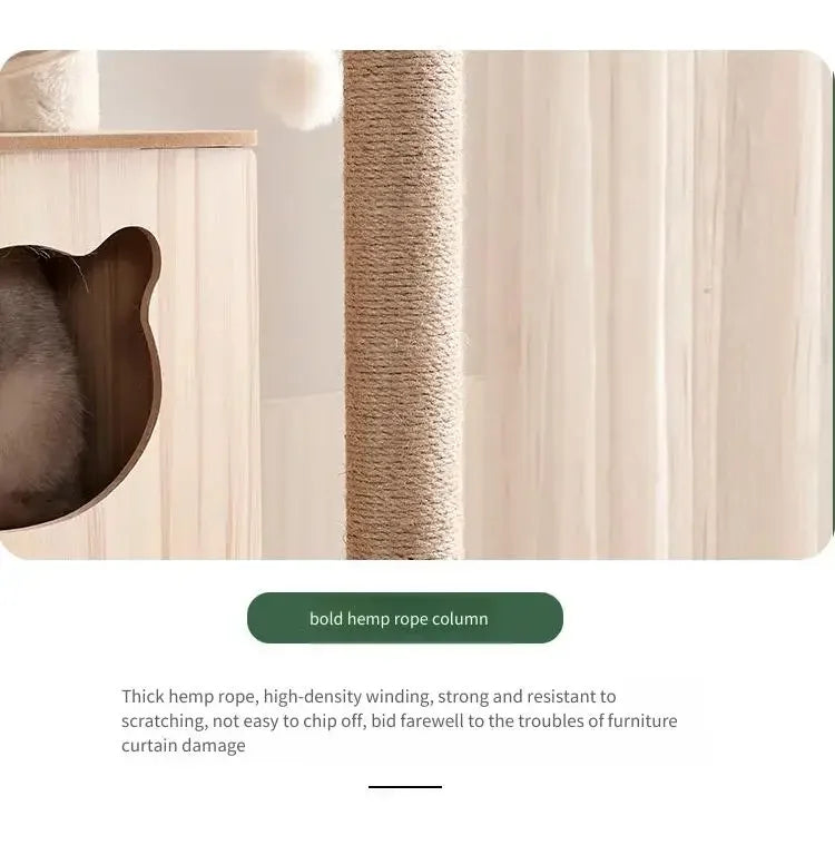 Tour à chat en bois multi-niveaux avec vasques et maisonnette à lattes