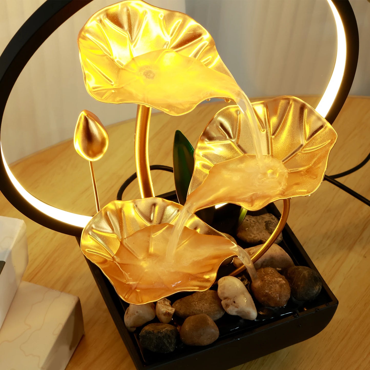 Fontaine de Bureau USB Anneau LED – Pierres Naturelles, Humidification & Méditation