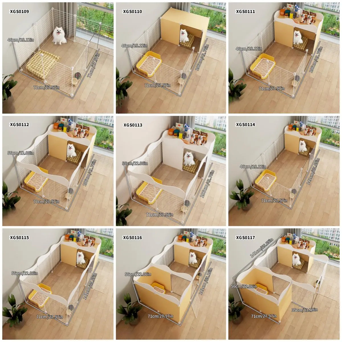 Enclos intérieur modulable pour chien, étagère et bac amovible